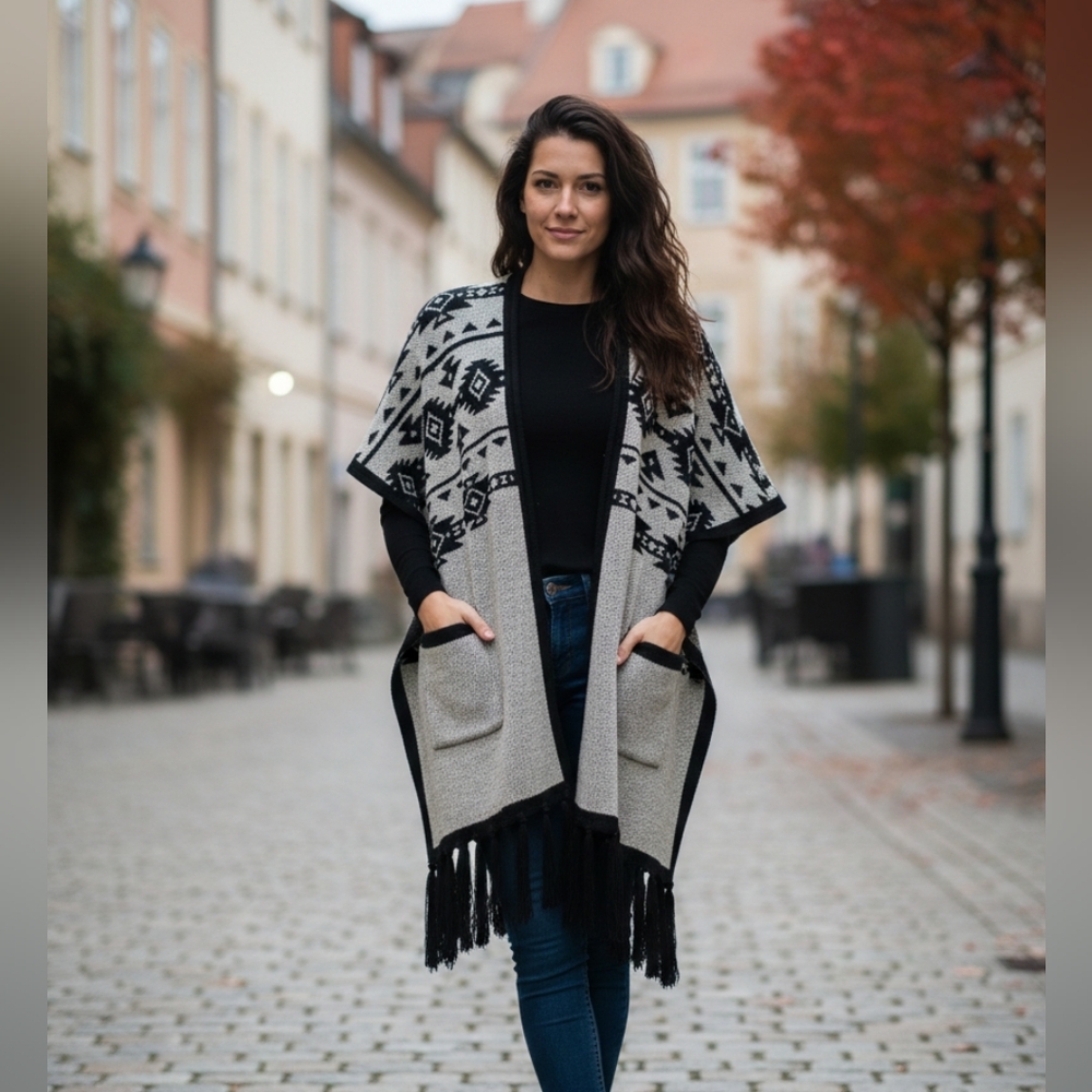 Southwestern Aztec Open Front Poncho with Pockets